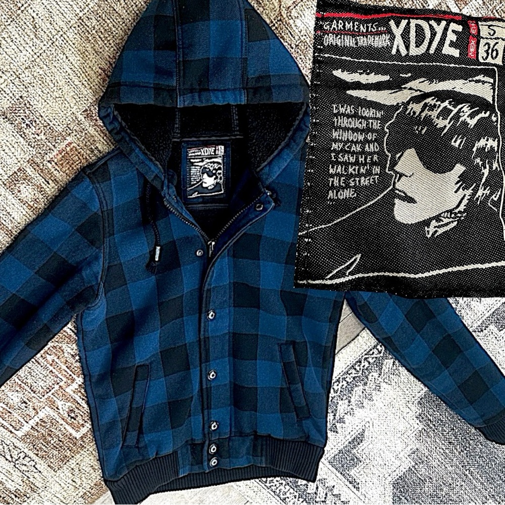 Vintage XDYE 90s Boys Blue Black Buffalo Plaid Hooded Zip Jacket Heavy Sz Small